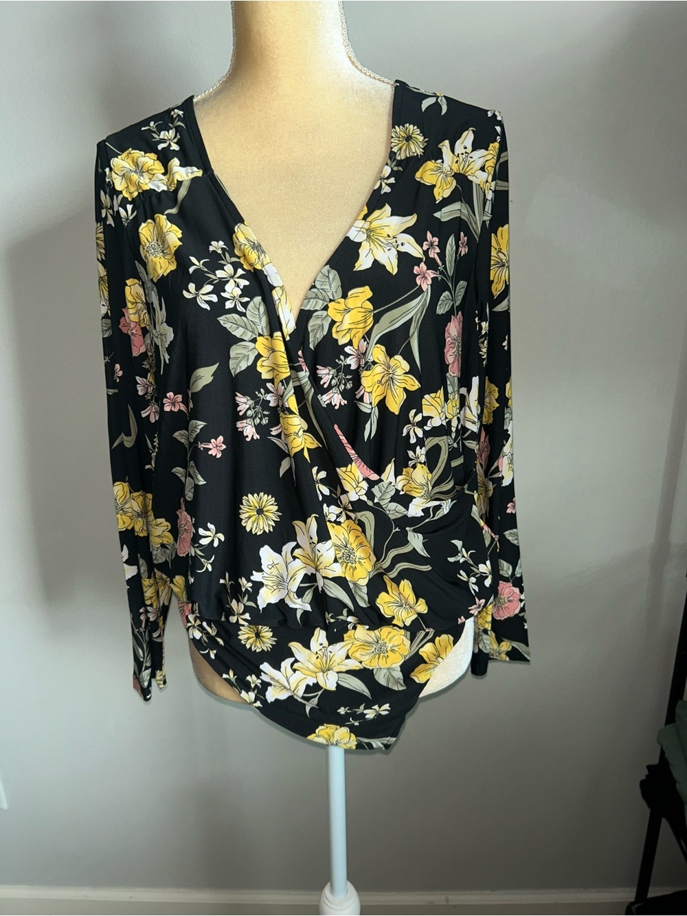 NEW Love & Legend Black Floral Wrap Blouse Bodysuit Yellow & Pink Blooms Sz 1X